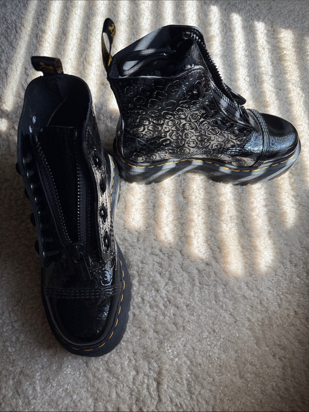 DR. MARTENS AIRWAIR Flower Black Patent Platform Lace-Up Ankle Boots